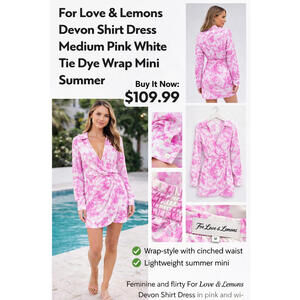 For Love & Lemons Devon Shirt Dress Medium Pink White Tie Dye Wrap Mini